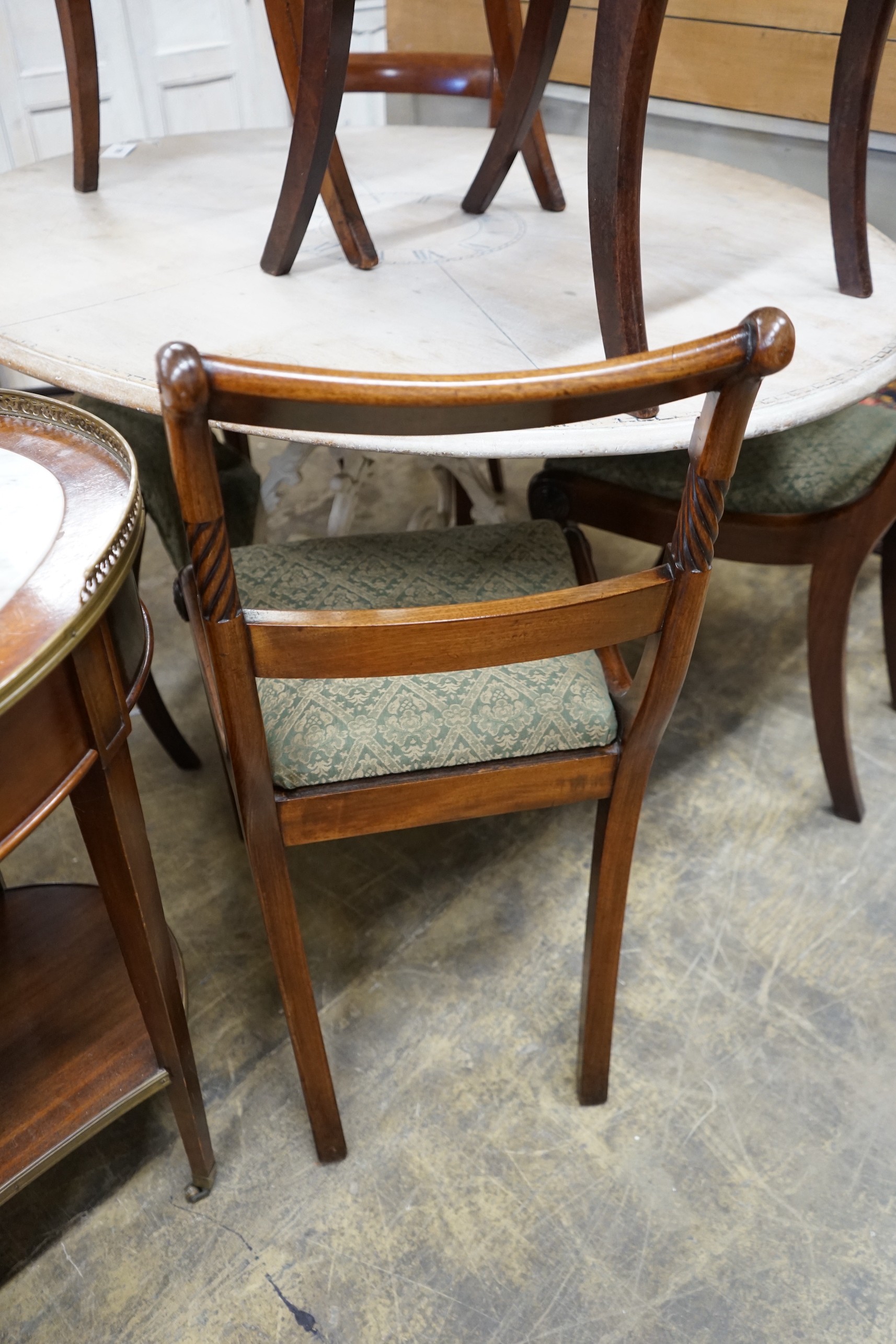 Six Regency mahogany cane and drop in seat dining chairs (four plus two) together with a pair of similar stools